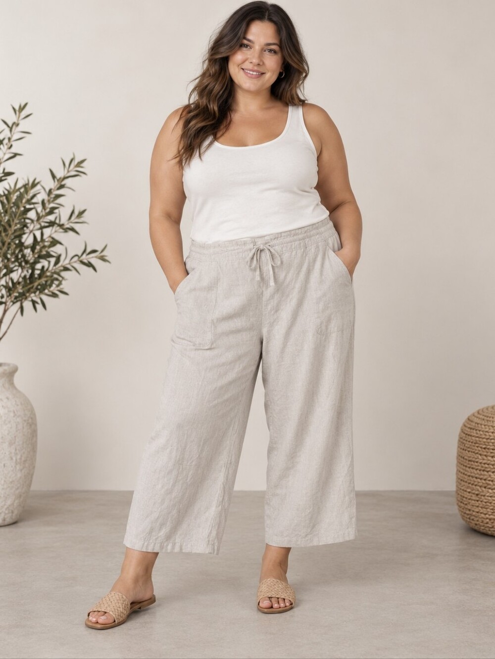 Khaki Linen Blend Wide Leg Crop Pants XL Elastic Drawstring Lagenlook Minimalist